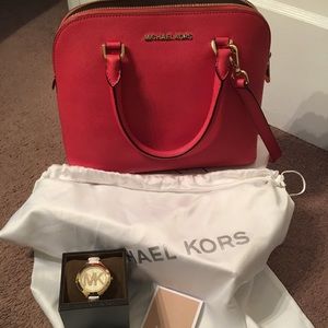 Michael Kors Coral purse and white and gold watch!